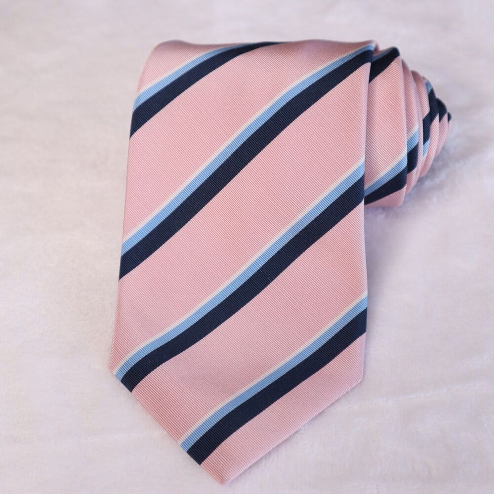 Paul Stuart Men's Silk/Wool Designer Necktie Repp Pink/Blue Striped Made in UK